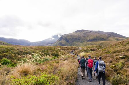People can seen trekking along the pathway to Tongariro National Park, New Zealandの写真素材