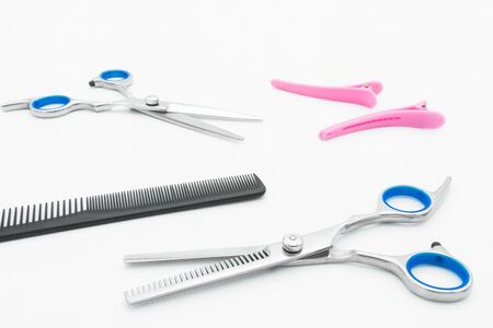 Hair scissors set hairdressing tools isolated on white background.の写真素材