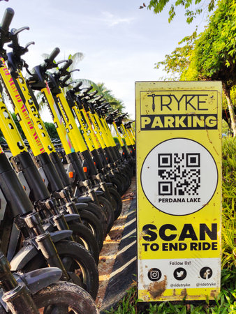 Cyberjaya,Malaysia - 25 April 2022 : TRYKE e-scooters in the parking zone for rental at Perdana...