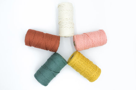 Close-up view of the colorful single strand cotton cords for macrame DIY handcraft on white...
