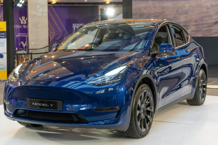 KL ,Malaysia - July 3,2023 : Tesla has launched its electric vehicle model Y in Malaysia as part of its latest expansion in a new market at Pavilion Kuala Lumpur.のeditorial素材