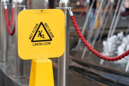 Sign showing caution of  wet floor beside the water fountain.の写真素材