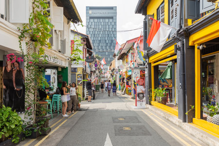 Singapore - August 30,2023 : Haji Lane is a shopping street in the heart of Singapore Kampong Glam Arab Quarter, it famous for shops, cafes, bar and restaurants. People can seen exploring around it.のeditorial素材