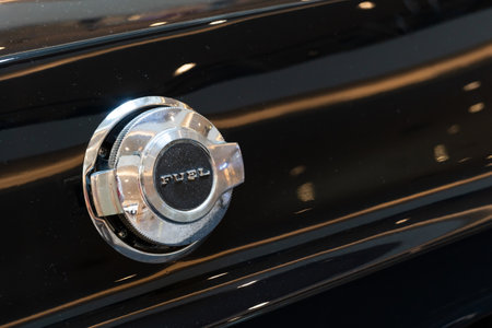 Petaling Jaya - Malaysia : October 6,2023 : Dodge Challenger RT car of Fast X also known as Fast  Furious 10 movie displaying in the Mid Valley Megamall. Close-up view of the fuel cover of the car.のeditorial素材