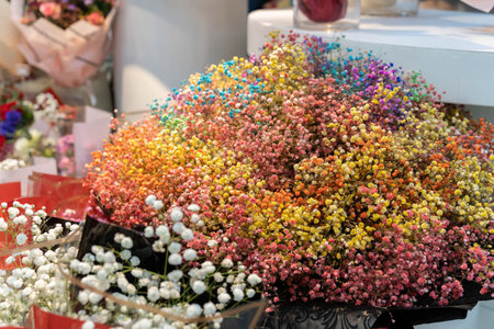 Beautiful showcase of flower shop with Gypsophila paniculata (also known as Baby's Breath)の写真素材