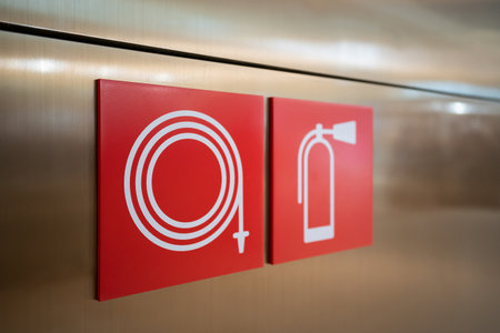 Fire Hose and fire extinguisher signs on the wall