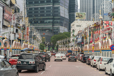 Kuala Lumpur, Malaysia - April 9,2024 : View of busy traffic in Brickfields Little India in Kuala Lumpur. It usually crowded with locals as well as tourists.のeditorial素材