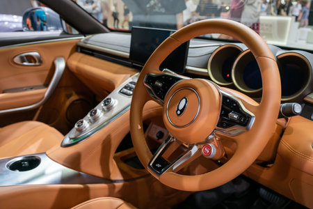 Serdang, Malaysia - May 24,2024 : Close-up view of the car dashboard of New Ora 07 displayed at The...