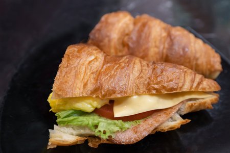 Close-up view of a croissant with chicken ham ,tomato slice, cheese slice and salad coral.の写真素材
