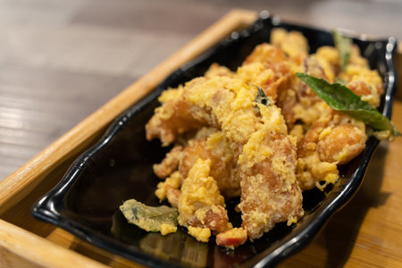 Close-up view of the salted egg chicken rice.の写真素材