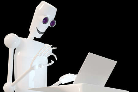 Robot shows gesture white, black backgroundの写真素材