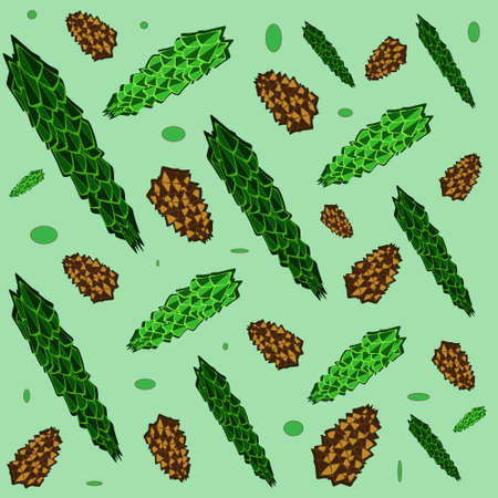 spruce branch. forest card with fir branches and pine cones. seamless patternのイラスト素材