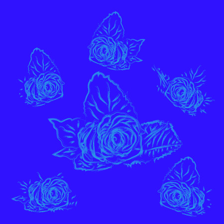 Sketch of a rose with leaves and without. Line art roses on the blue backgroundのイラスト素材