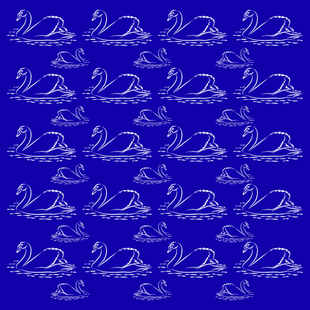 Large and small swans. Background and pattern of white silhouette of swans on a blue background.のイラスト素材