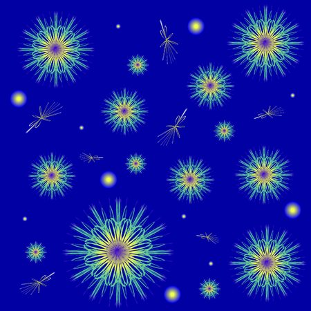 Snowflakes on a blue background. Winter background with fractal snowflakes with highlightsのイラスト素材