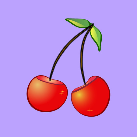 Icon cherries. Bulk cherries with glare and stars on a purple backgroundのイラスト素材