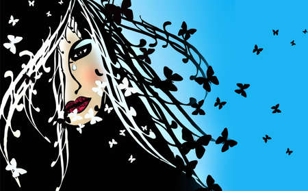 Woman with tears among the butterfliesの写真素材