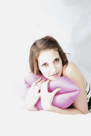 funny woman with the mouth of kissesの写真素材