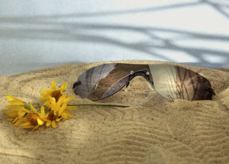 Sunglasses in the sand of the beachの写真素材