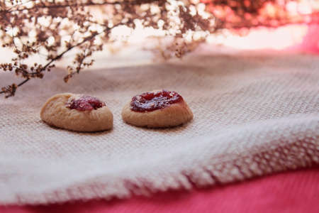 cookies with jam in the kitchenの写真素材