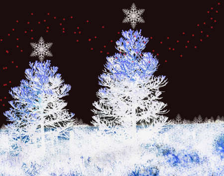 Christmas background with fir trees and xmas lightsの写真素材