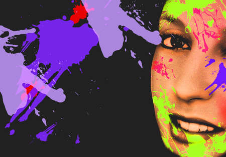 Beauty Girl Face with Vivid Makeup. Colorful crayons. Fashion Woman portrait close up. Bright...
