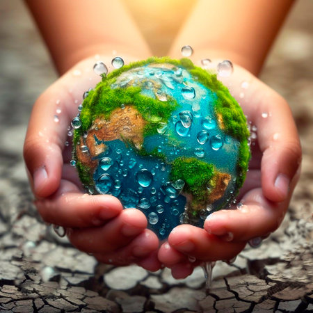 Close up of child's hands holding Earth planet covered with water dropsの素材