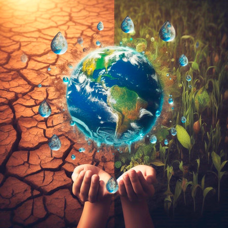 Human hands holding Earth planet on cracked earth background. Global warming conceptの素材