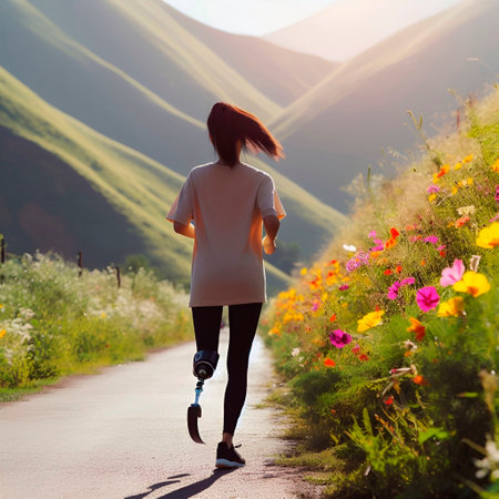 Young woman with prosthetic leg walking on a rural road at sunsetの素材