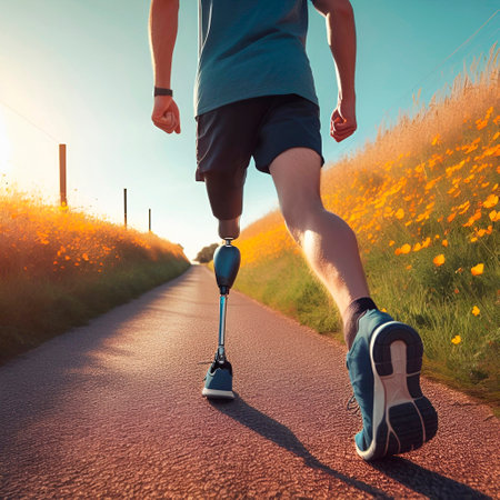 Runner athlete running with prosthetic leg on the road at sunset.の素材