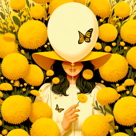 Fashionable woman in a hat with yellow flowers and butterfly.の素材