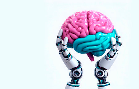 3d rendering robot hand holding brain on white background with copy spaceの素材
