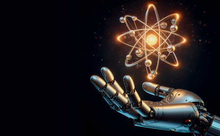 Cyborg hand touching atom molecule on dark background. 3D renderingの素材