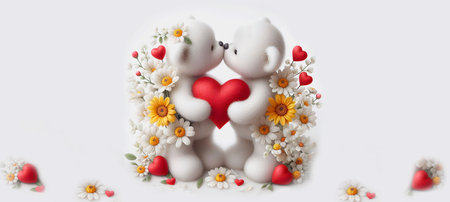 Valentine's day. Two white bears with red hearts and flowersの素材
