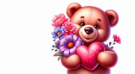 Illustration of a cute teddy bear with a heart and flowersの素材