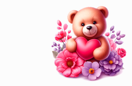 Cute teddy bear with pink heart and flowers on white backgroundの素材