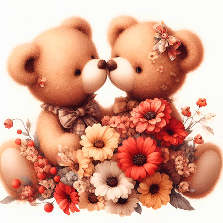 Two teddy bears with a bouquet of flowers on a white backgroundの素材
