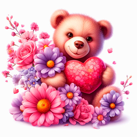 Valentines day greeting card with cute teddy bear and flowersの素材