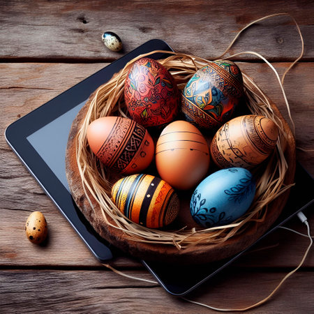 Easter eggs in basket and tablet on wooden background. top viewの素材