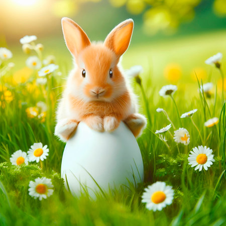Cute Easter bunny sitting in egg on grass with daisiesの素材