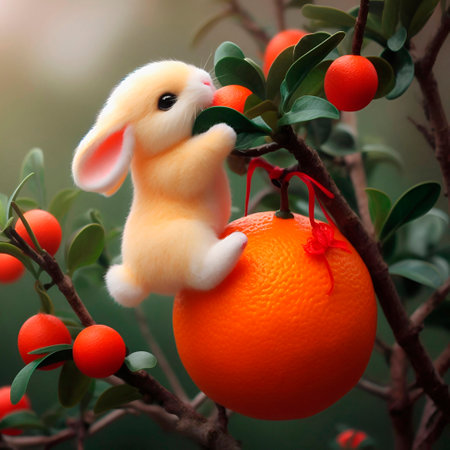 Rabbit and orange on a tree branch with berries. Easter backgroundの素材