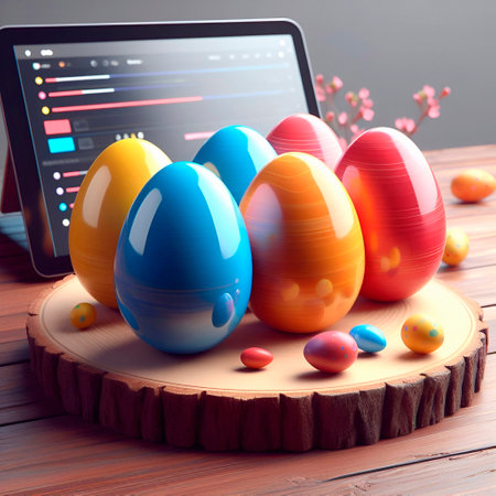 Easter eggs and laptop on wooden table. 3d illustration.の素材