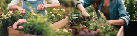 cropped view of mother and daughter planting flowers in wooden boxes in gardenの素材