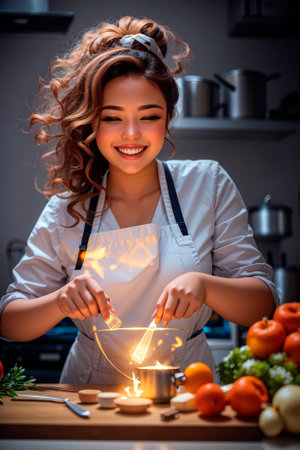 smiling asian woman in apron holding sparkler while cooking in kitchenの素材