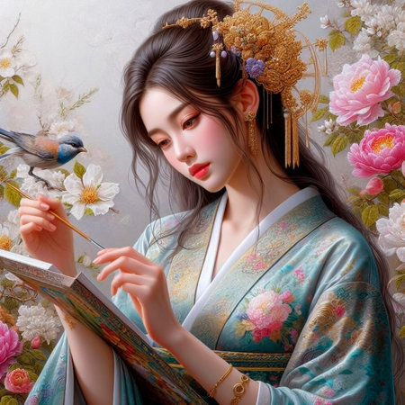 Beautiful asian woman in kimono painting with paints and birdの素材