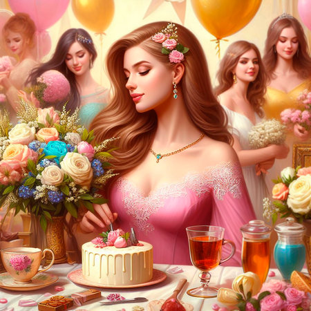 Beautiful woman with flowers in her hair sitting at the table with cake.の素材