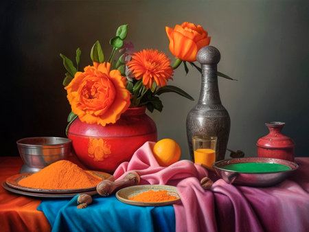Vase with orange flowers, bowl with turmeric powder and spices on table.の素材