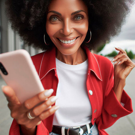 Beautiful young woman with afro hairstyle in red jacket holding mobile phone and smilingの素材