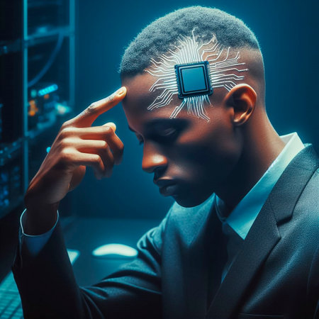 Thoughtful young African-American businessman with a chip on his headの素材