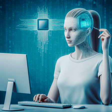 3d rendering female cyborg working with computer on blue binary code backgroundの素材